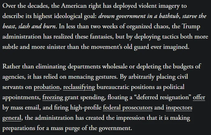 The image displays a block of white text on a black background, detailing how the Trump administration allegedly achieved…