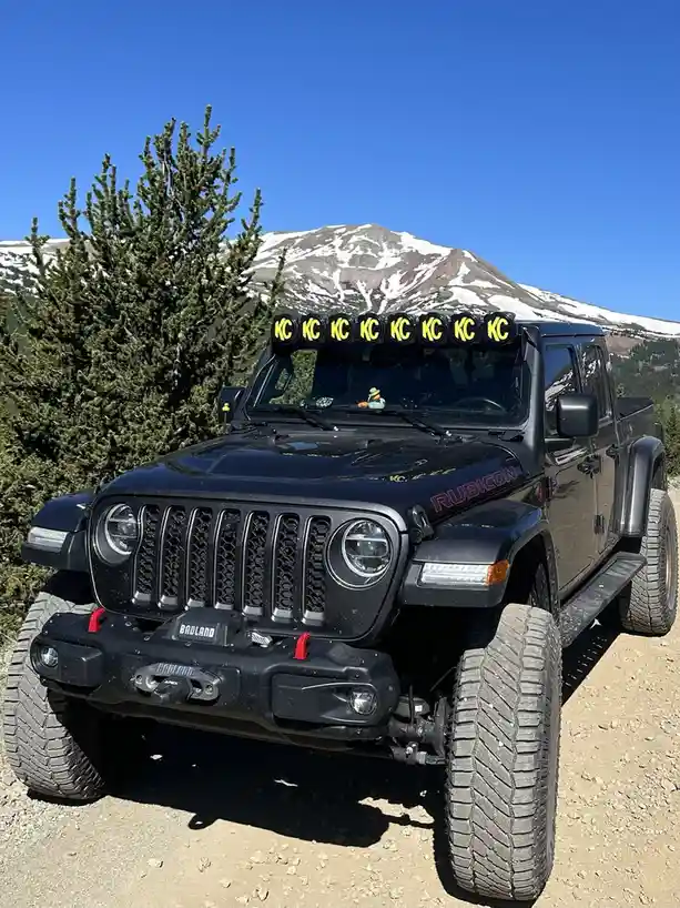 A black Jeep Wrangler Rubicon is parked on a dirt road with a snow-capped mountain and evergreen tree in the background. The…