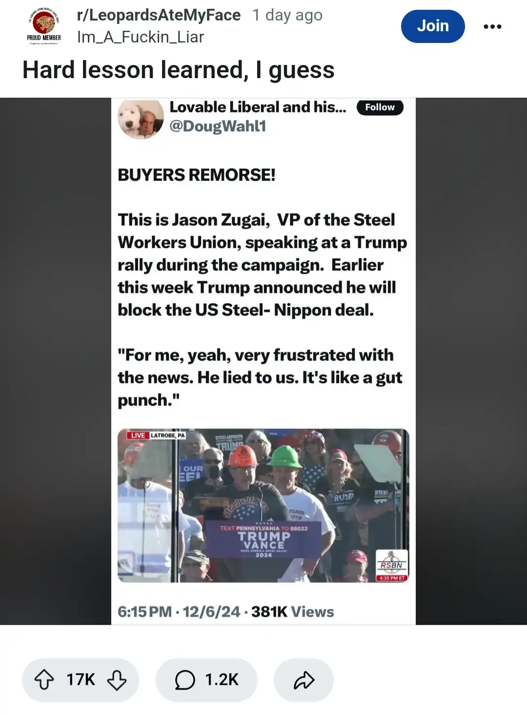 A screenshot of a Reddit post from r/LeopardsAteMyFace shows a tweet by @DougWahl1 titled 'BUYERS REMORSE!' featuring a…