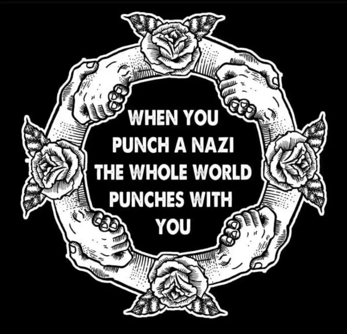 A black-and-white illustration shows four clenched fists forming a circle, each positioned between stylized roses. The text…
