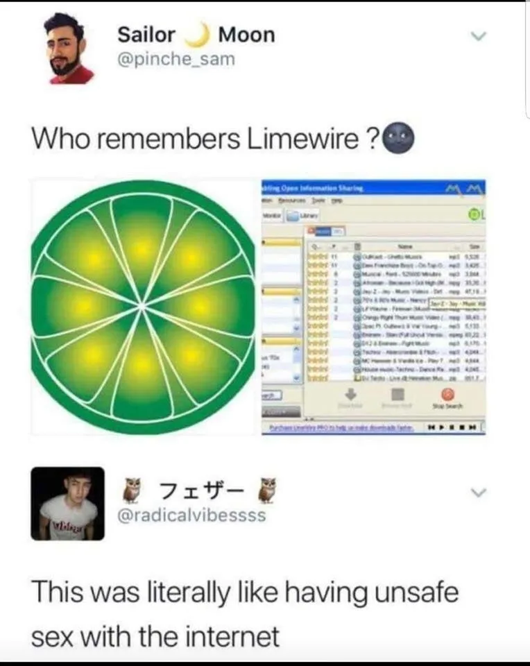 A screenshot of a Twitter thread shows a user asking 'Who remembers Limewire ? 🙃' above an image of the Limewire client…