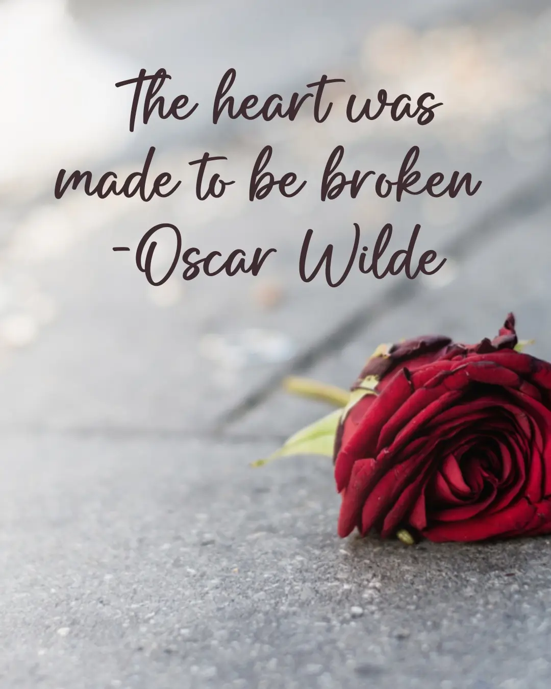 A single, wilted red rose lies on a gray pavement, with the overlaid text reading 'The heart was made to be broken -Oscar…