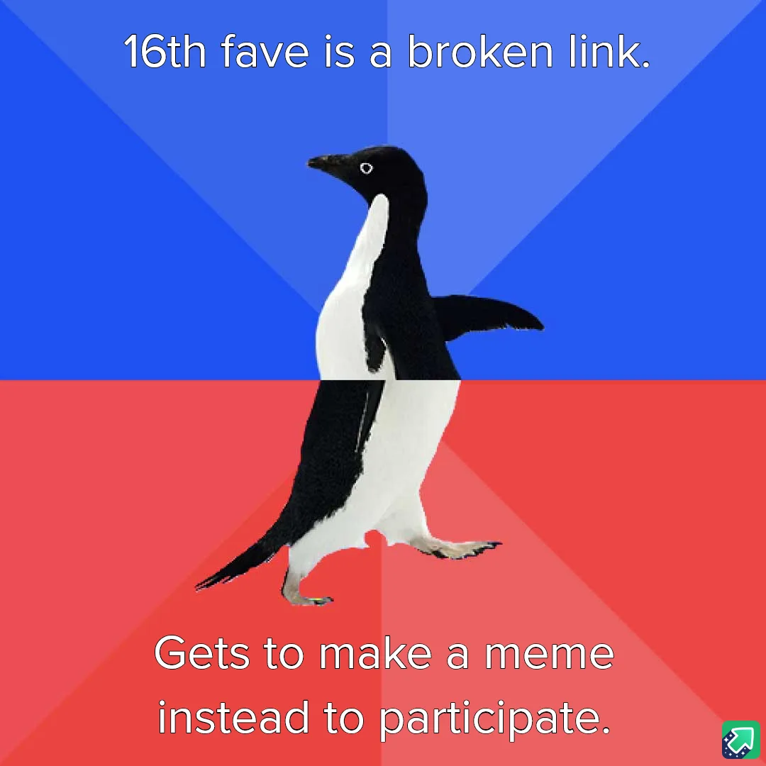 A penguin stands centered against a split background of blue and red, with white text overlaid. The top text reads '16th…