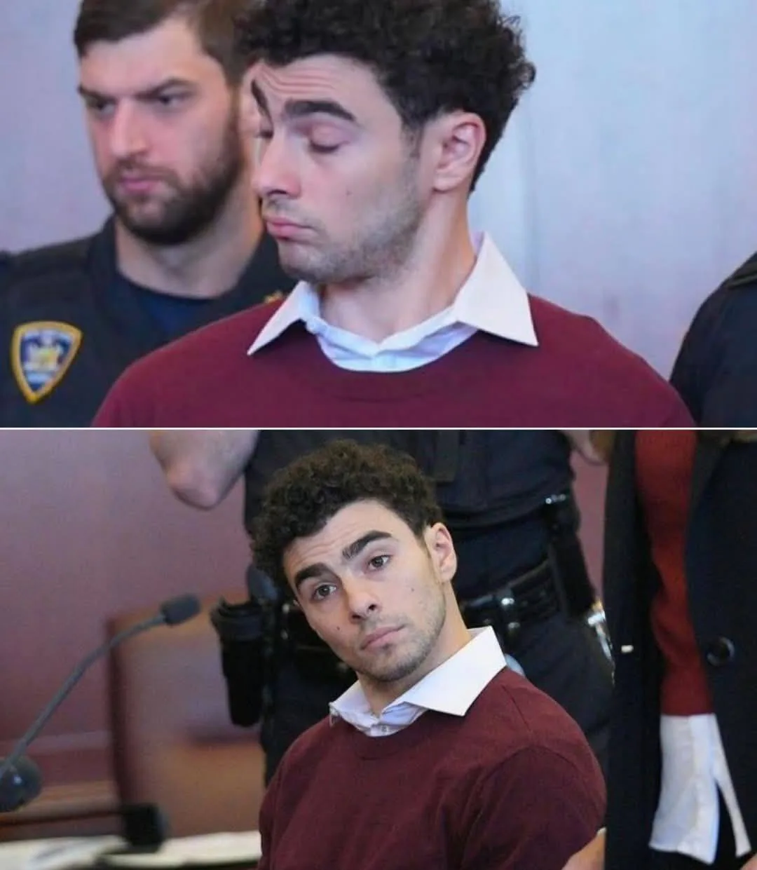 The image shows a man in a maroon sweater and white collared shirt in two panels. In the top panel, he has his eyes closed…