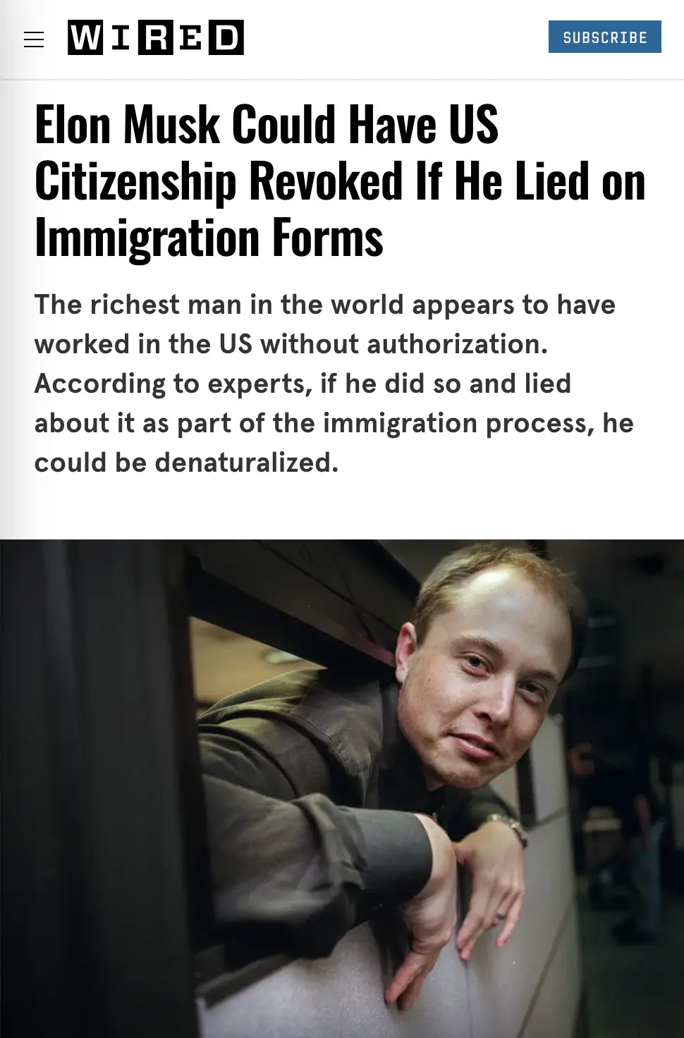 The image shows a screenshot of a WIRED article with a headline about Elon Musk potentially losing his US citizenship for…