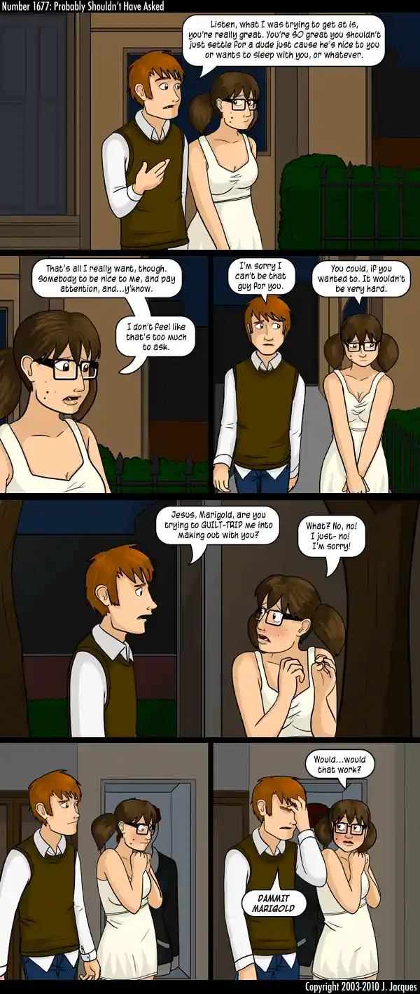 A comic strip depicts a man and woman having a conversation outside a house at night. The woman tries to explain her…