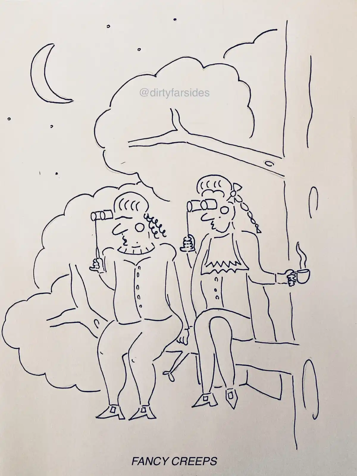 A simple black-and-white line drawing shows two stylized, somewhat grotesque figures sitting on a bench under a crescent…
