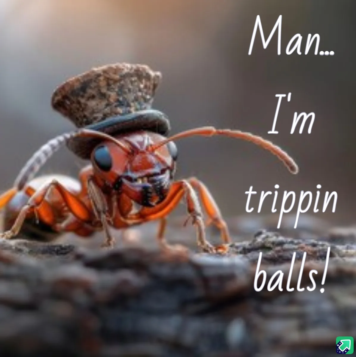 A close-up photo of a reddish-orange ant wearing a tiny top hat made of a small rock, standing on a textured surface. The…