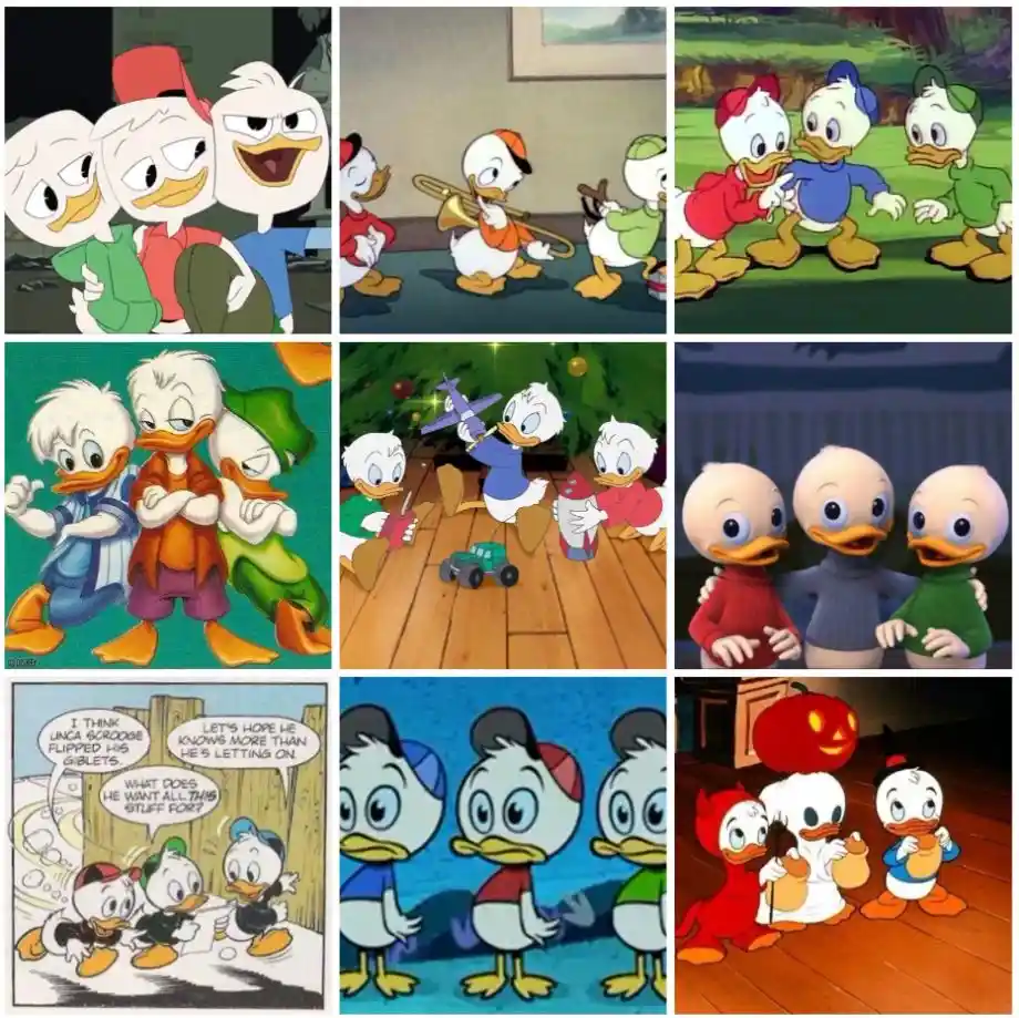 A nine-panel collage of Donald Duck's nephews, Huey, Dewey, and Louie, shown in various animated styles and scenes. The…