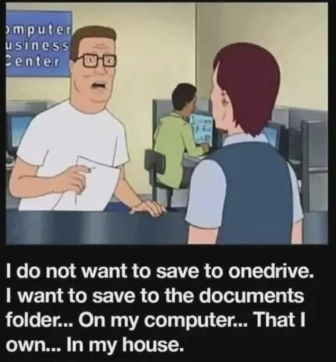 An animated man with glasses and a white t-shirt stands at a counter in a 'Computer Business Center', looking distressed…