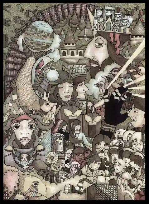 A surreal, densely packed illustration featuring a large, serene face with a crown made of buildings and owls, surrounded by…