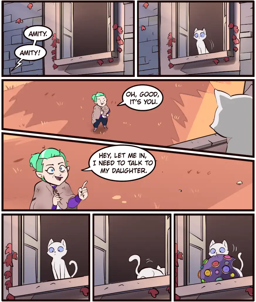 A comic strip shows a white cat named Amity looking out a window. A woman with green hair calls out to her, then asks to be…