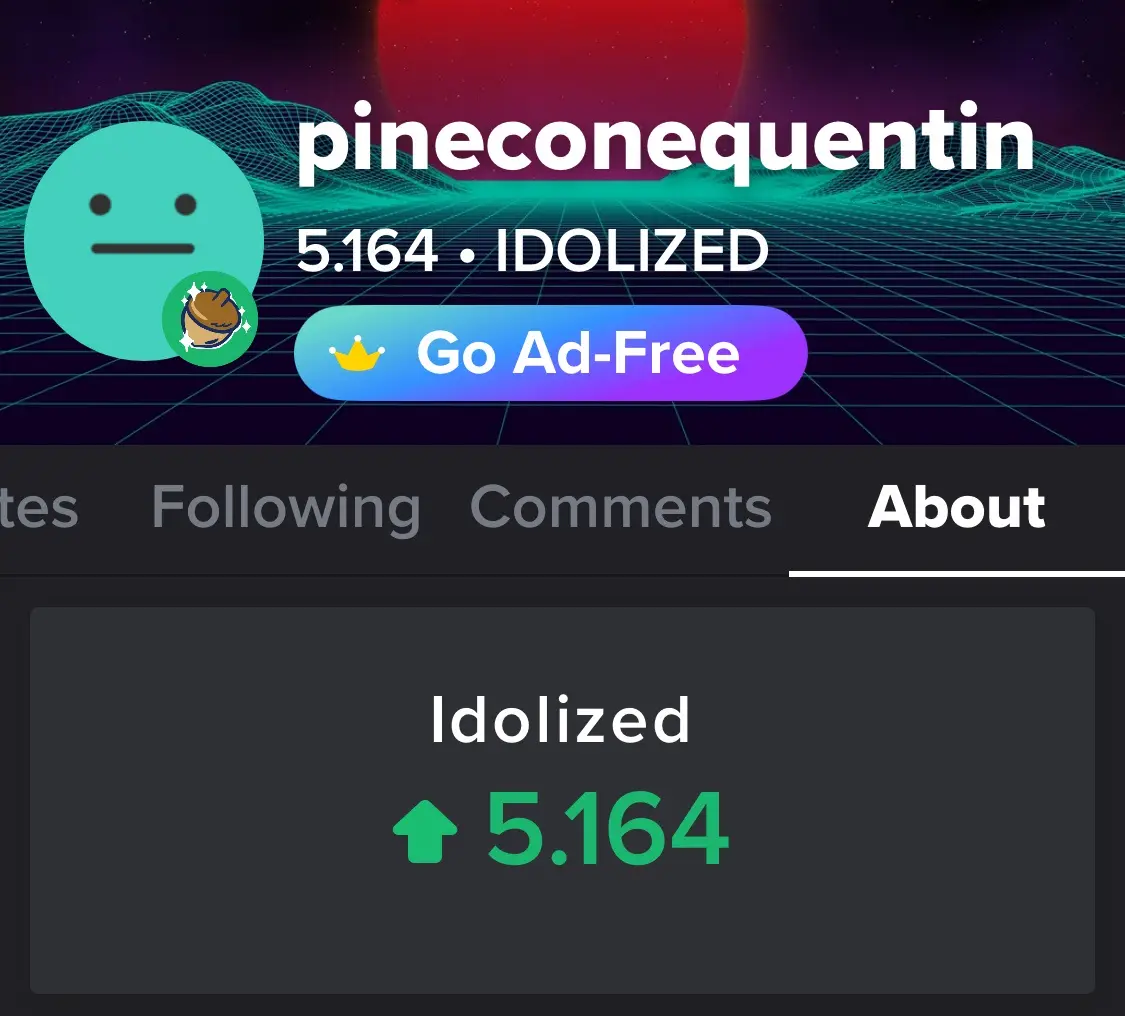 A screenshot of a user profile on a social media platform showing the username 'pineconequentin' with 5,164 'IDOLIZED'…