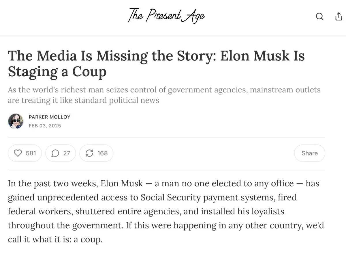 A screenshot of a fictional news article from 'The Present Age' dated February 3, 2025, by Parker Molloy, with the headline…