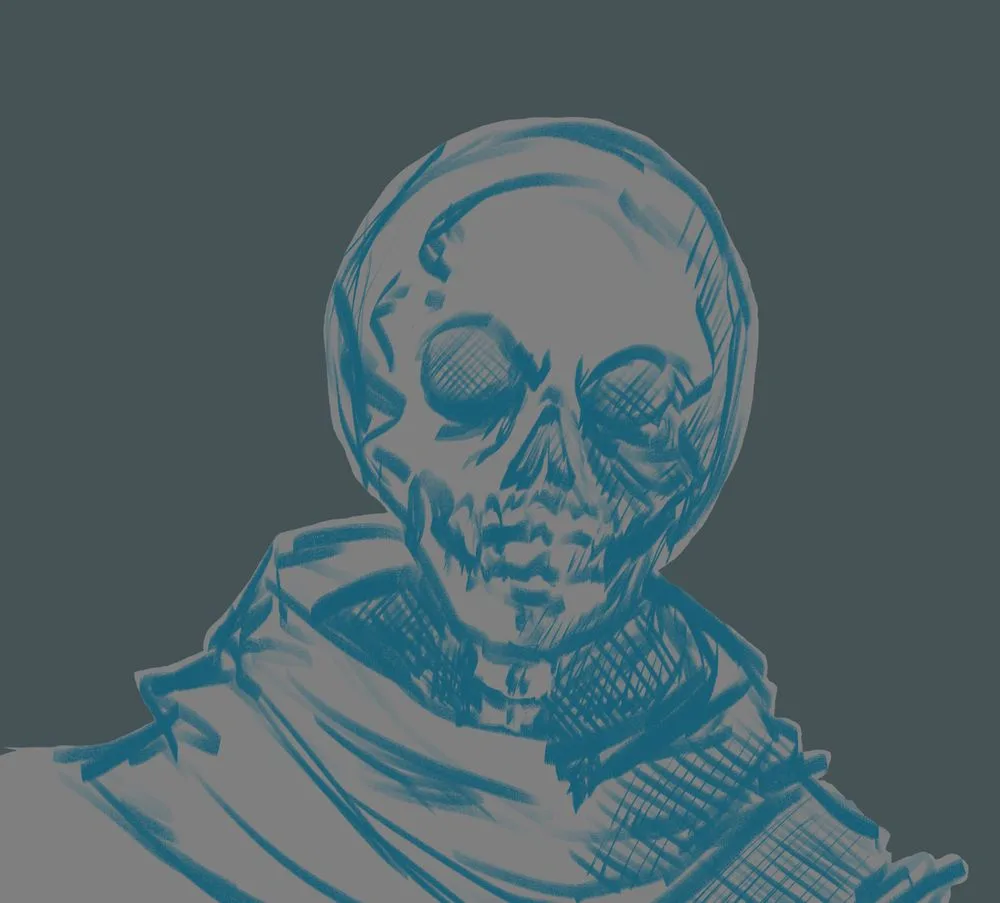 A blue-toned sketch of a human skull wearing a hooded cloak, with overlaid text reading 'i'm not dead, i'm just taking a…