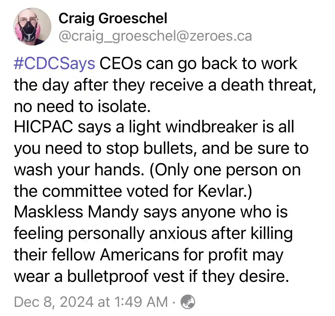 A screenshot of a tweet by Craig Groeschel, displaying a satirical list of absurd CDC guidelines. The text humorously claims…