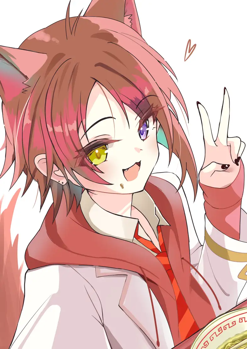 An anime-style illustration of a character with pinkish-brown hair, fox ears, and heterochromatic eyes (one yellow, one…