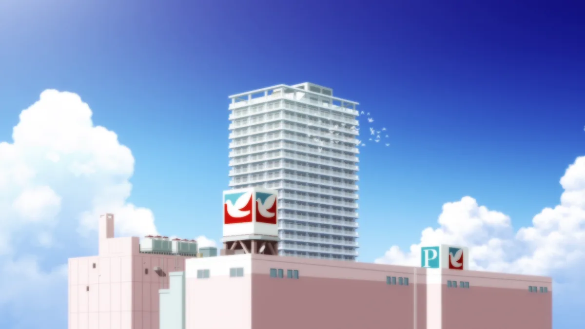 An anime-style cityscape shows a tall white hotel building with a red and white dove logo on its roof, with white birds…