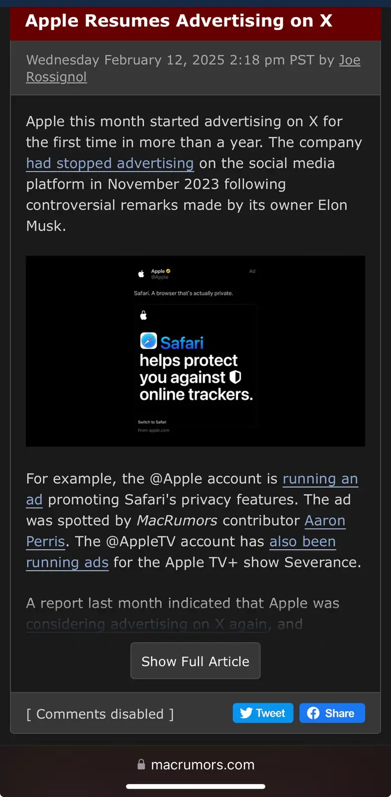 A screenshot of a MacRumors.com article from February 12, 2025, reporting that Apple has resumed advertising on X (formerly…