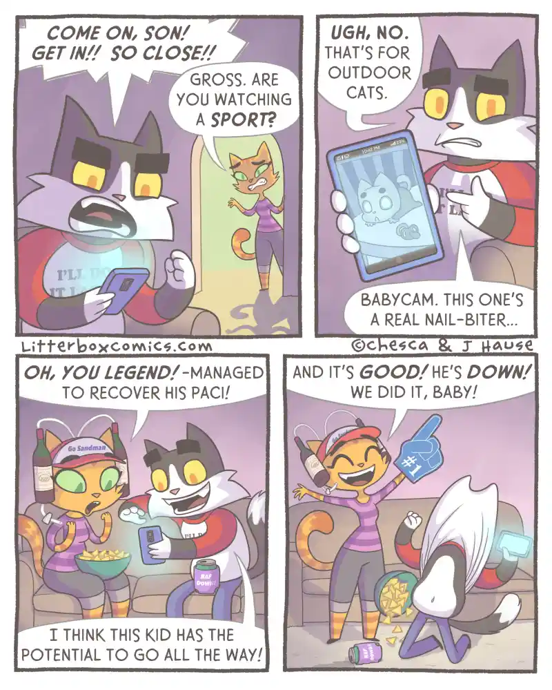 A four-panel comic strip featuring two anthropomorphic cats watching a baby monitor. The male cat is excitedly yelling at…