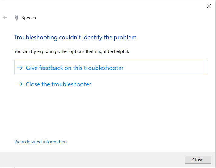 A screenshot of a Windows troubleshooting window titled 'Speech' displays the message 'Troubleshooting couldn't identify the…
