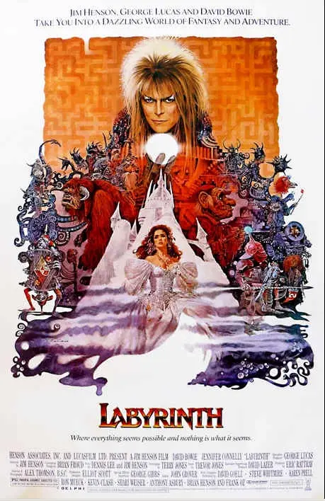 The image is the original movie poster for 'Labyrinth,' featuring David Bowie as the Goblin King with wild hair and a…