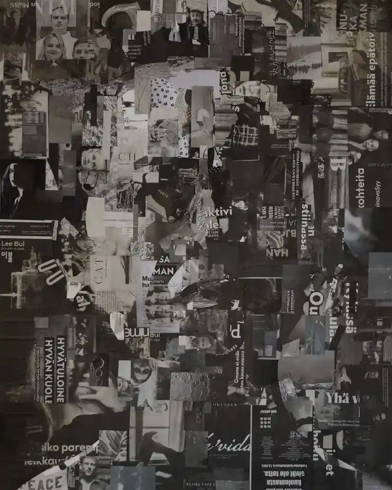 A black-and-white collage of numerous overlapping magazine clippings, posters, and photos featuring faces, text snippets…
