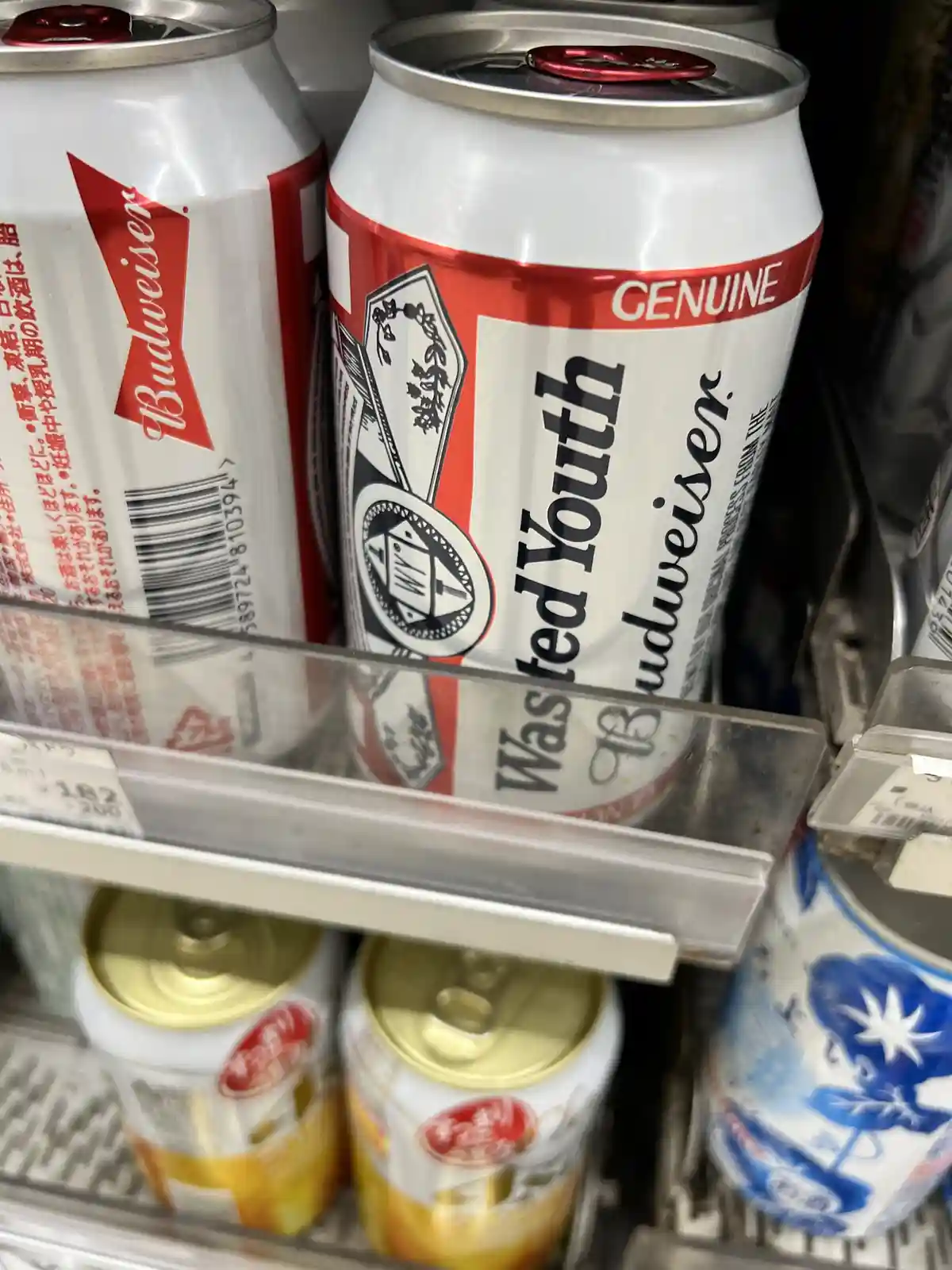 A close-up photo of a beer can on a store shelf, where the label has been altered to read 'Wasted Youth Budweiser' instead…