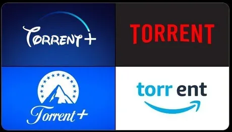 The image displays a 2x2 grid of logos. Top left: 'Torrent+' in white cursive on a dark blue background with a blue arc. Top…