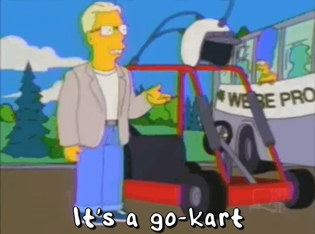 A six-panel meme from The Simpsons shows an older man initially standing beside a red go-kart, then getting in and driving…