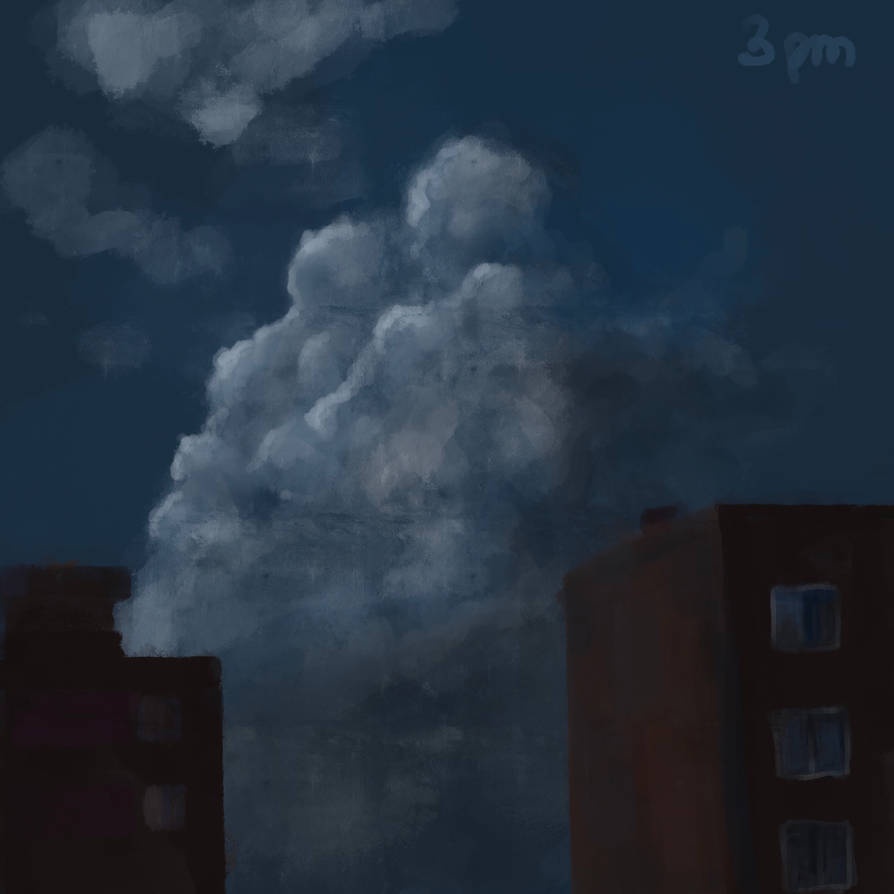 A dark, moody painting of a cloudy sky over city buildings, with the text '3pm' written in the upper right corner…