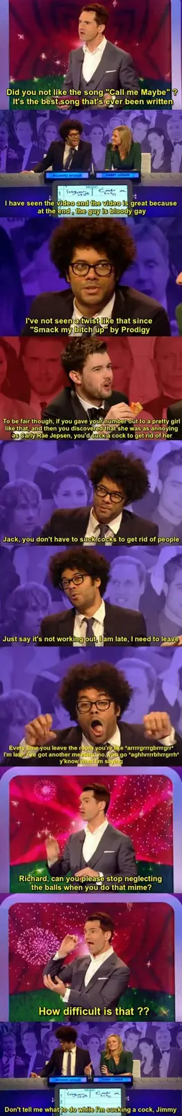 A vertical comic strip from the British game show 'Never Mind the Buzzcocks' featuring Richard Ayoade and guest host Jack…