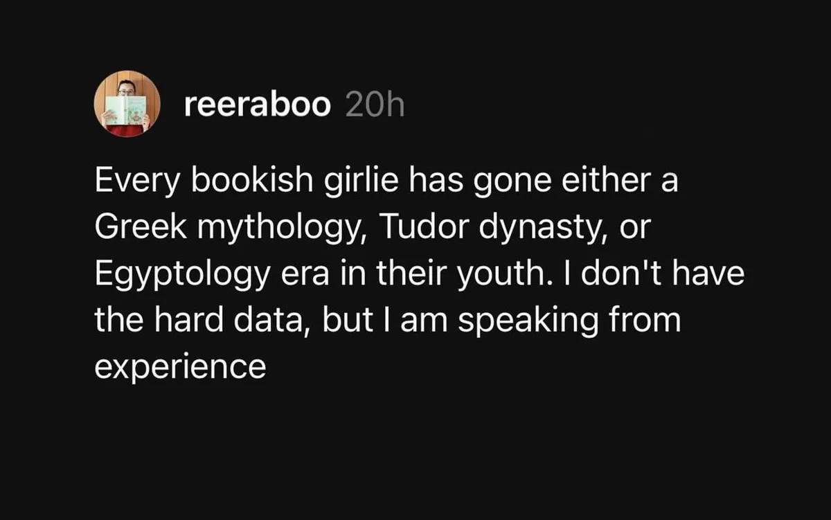 A screenshot of a social media post by user 'reeraboo' with a black background and white text. The post humorously claims…