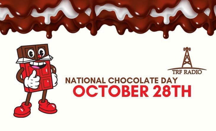 A cartoon chocolate bar character with googly eyes, a red nose, and a thumbs-up gesture stands under a dripping chocolate…