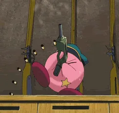 A six-frame sequence shows the pink, round character Kirby in a shooting range, holding a green gun and firing it. He is…