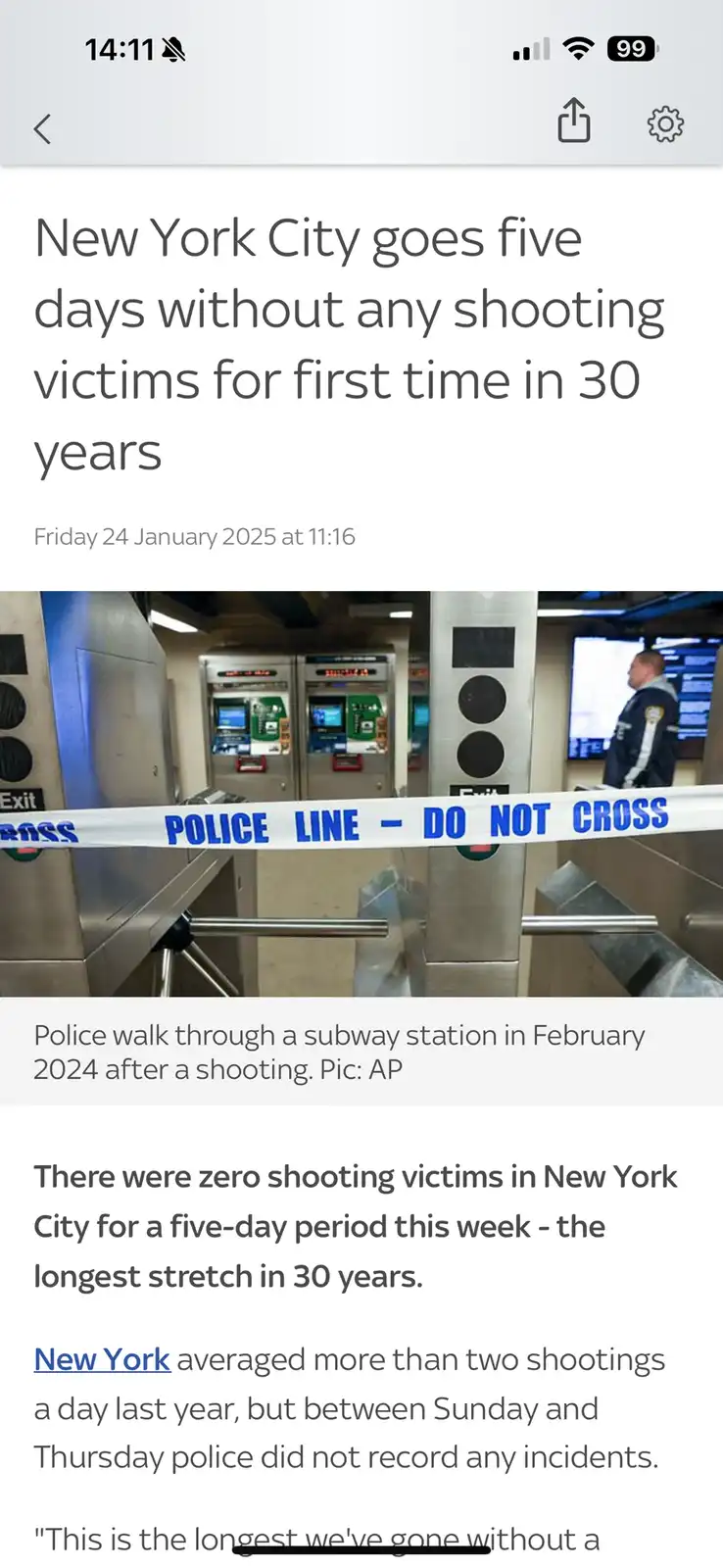 A screenshot of a news article shows a subway station with police tape reading 'POLICE LINE - DO NOT CROSS' stretched across…