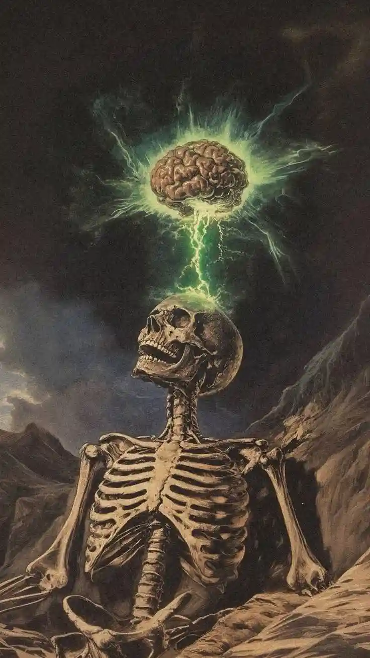 A skeletal figure sits in a desolate landscape, gazing upward as a glowing, electrically charged human brain hovers above…