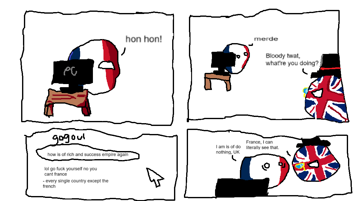 A four-panel comic strip featuring France and the UK as anthropomorphic country flags. In the first panel, France is happily…