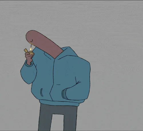 A cartoon character with a sausage-like body and blue hoodie lights a cigarette, then turns around to reveal their hand is…