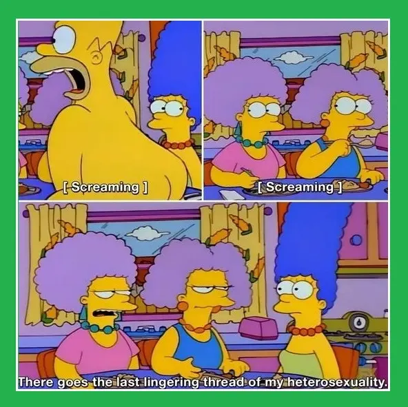 A three-panel meme from The Simpsons shows Homer screaming in the first panel, then two identical women with purple afros…