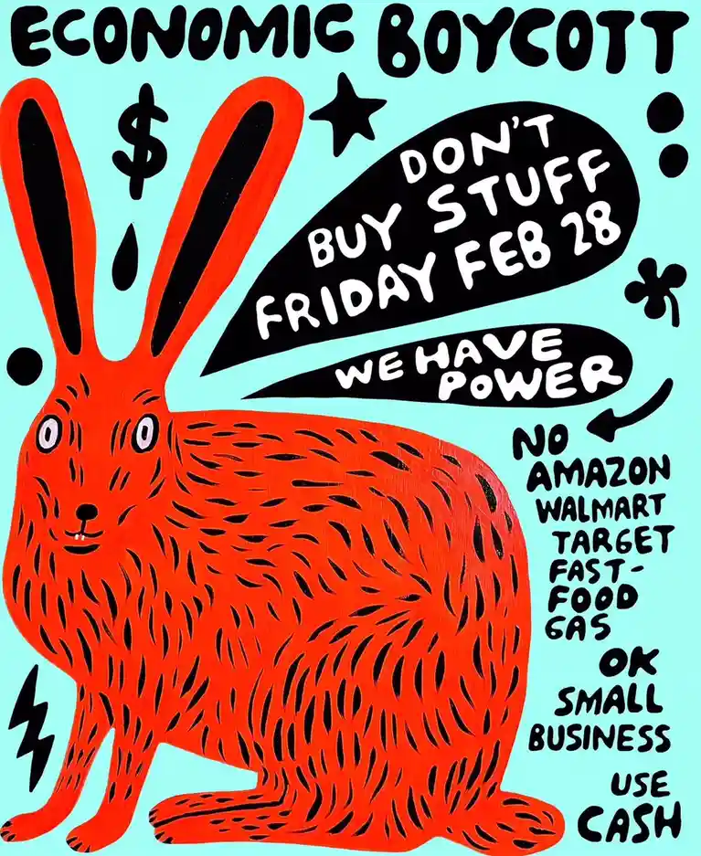 A stylized orange rabbit with black outlines and a dollar sign near its ears is depicted on a light blue background…