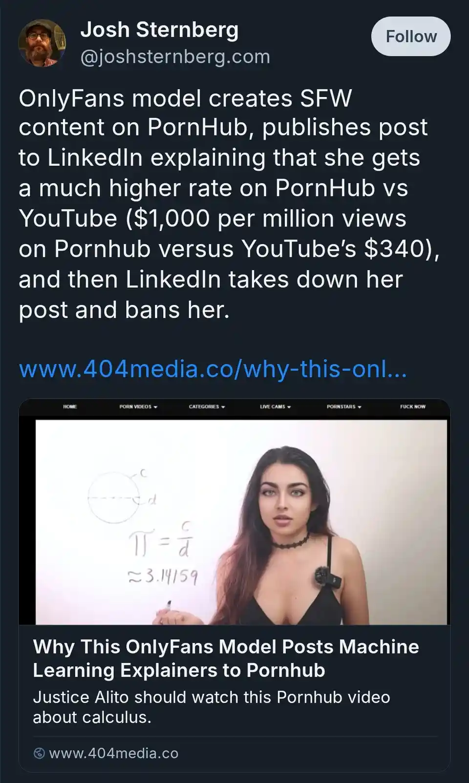 A screenshot of a social media post by Josh Sternberg showing a video thumbnail of a woman in a black top standing in front…