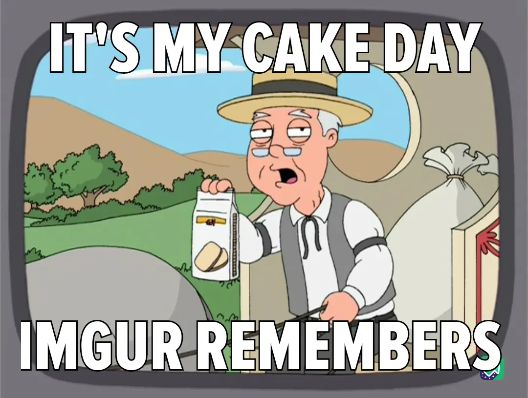 An animated image shows an elderly man in a straw hat and vest holding a carton labeled 'cake' with a picture of two slices…