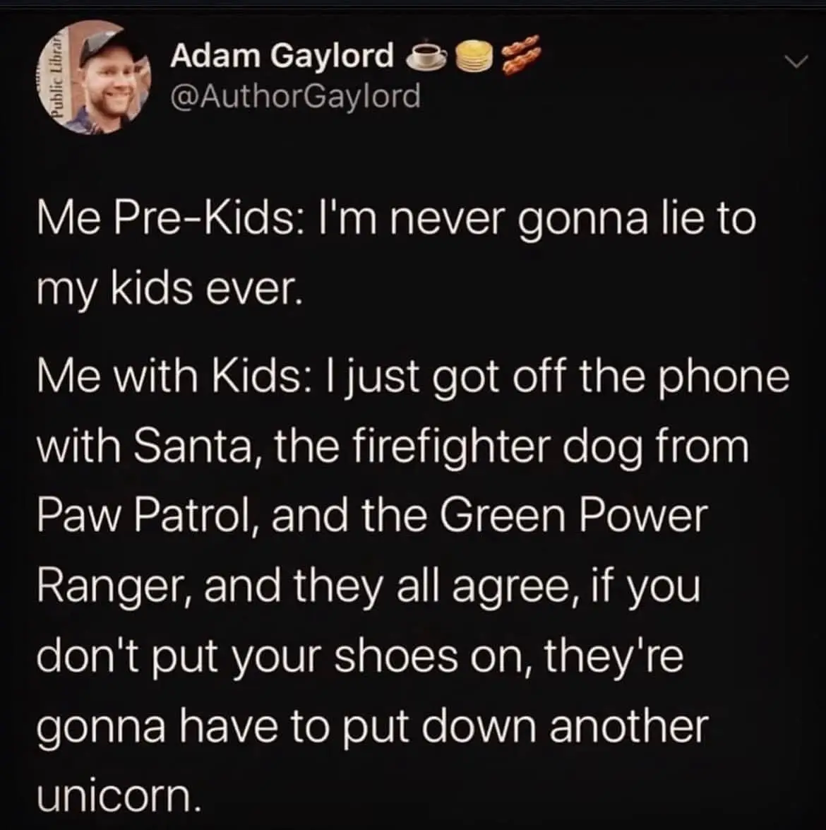 A screenshot of a tweet by Adam Gaylord showing a humorous contrast between a parent's pre-kids promise of honesty and their…