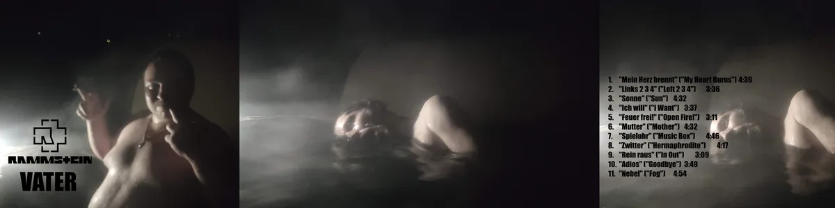 The image is a three-panel meme. The left panel shows a man in a steamy bath with the Rammstein logo and the word 'VATER'…