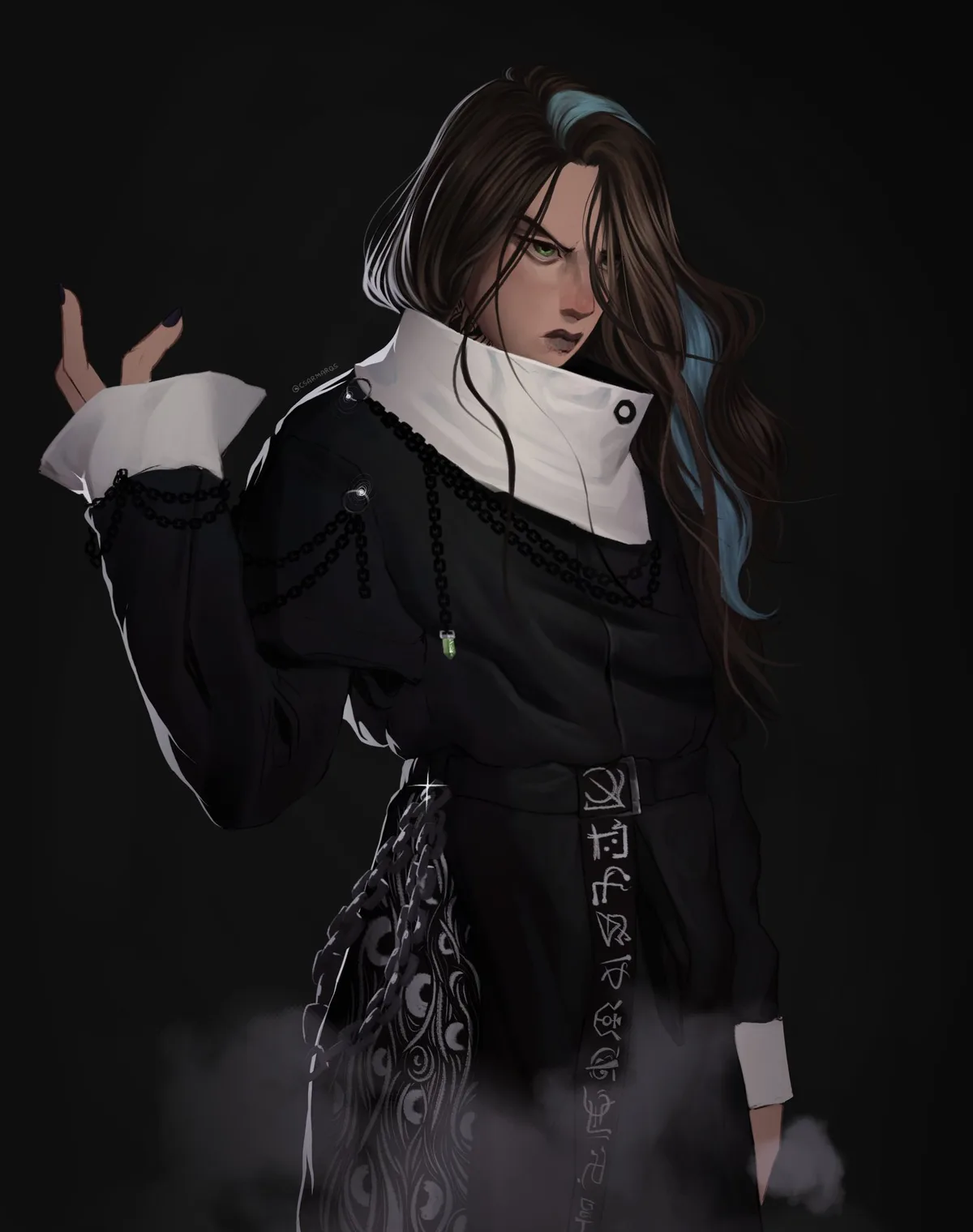 An anime-style illustration of a woman with long brown hair streaked with blue, wearing a black outfit with chains and a…