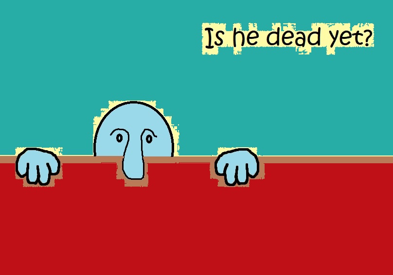 A cartoonish blue character with a long nose and wide eyes peeks over a red barrier, looking anxious. Above the character…