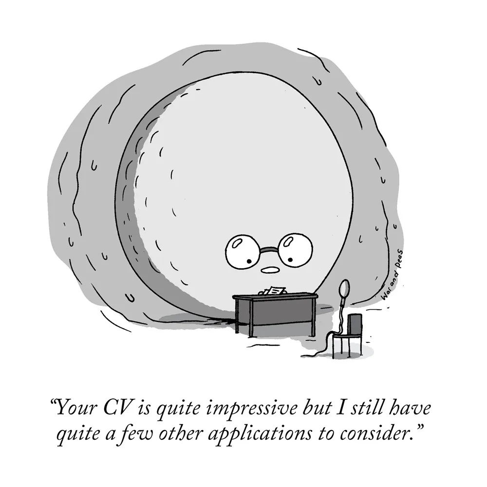 A cartoon depicts a tiny person sitting at a desk with a spoon, facing a giant, round, gray rock with eyes and glasses. The…
