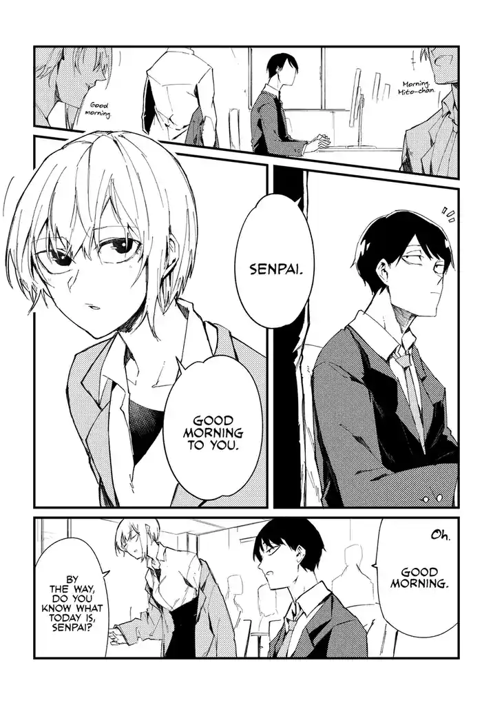 A black-and-white manga panel shows a young woman in a school uniform calling a male classmate 'senpai' and greeting him…