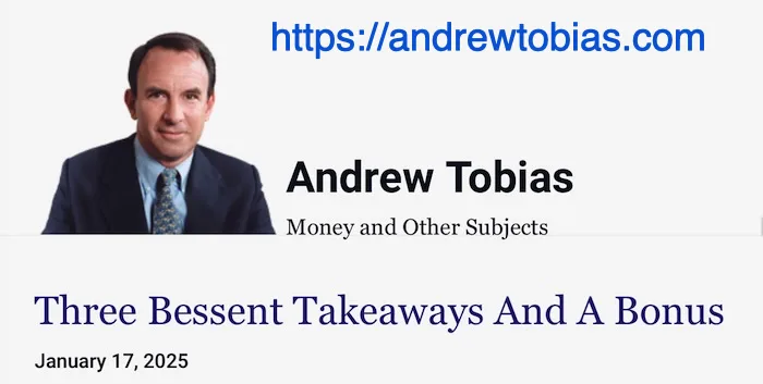 A professional headshot of Andrew Tobias, a man in a dark suit and patterned tie, is displayed with his name and website…